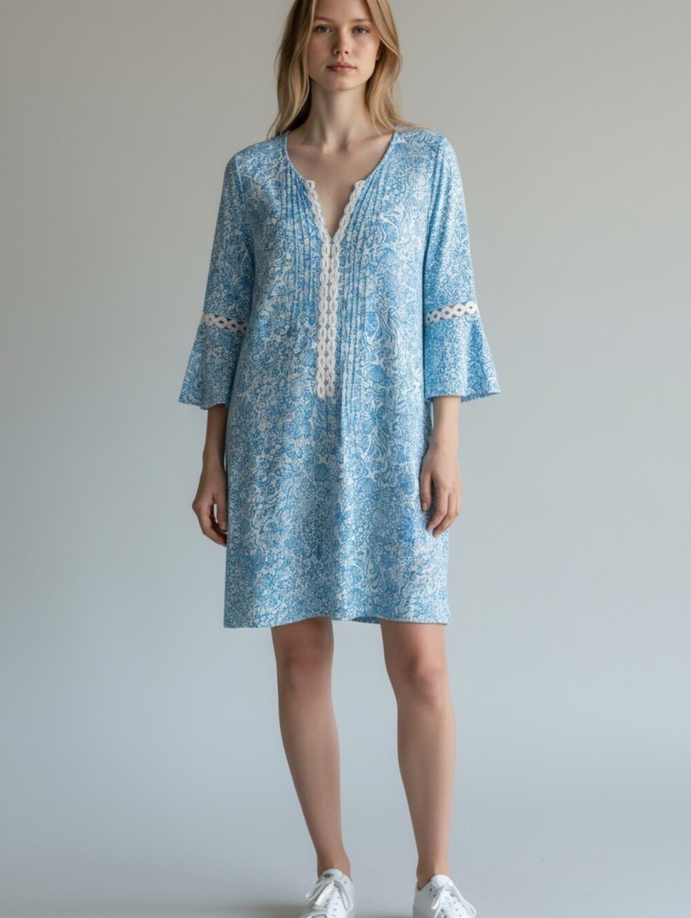 Blue Paisley Lace-Trim Tunic Dress